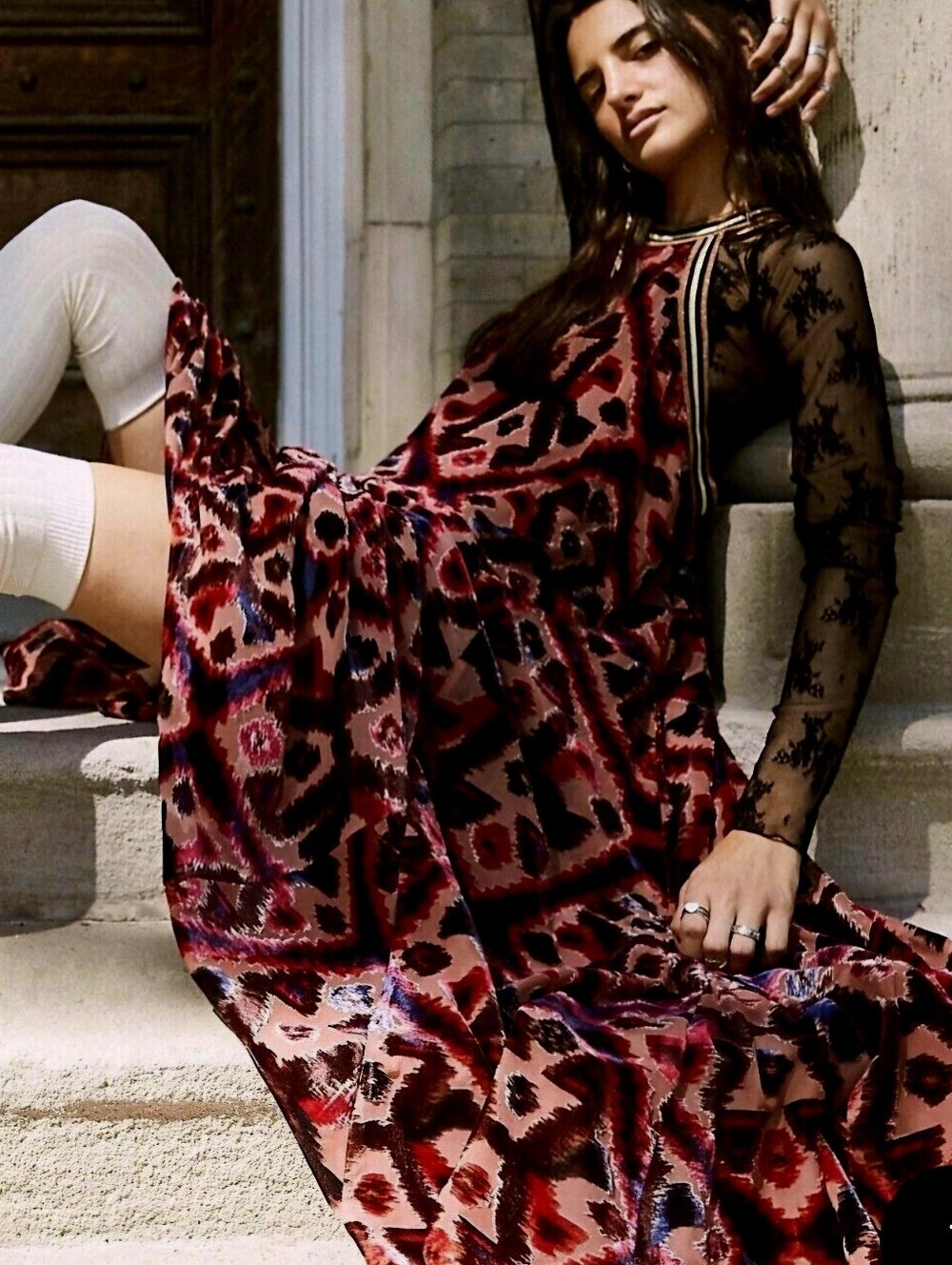 Free People Wine Multi Velvet Printed Maxi Dress